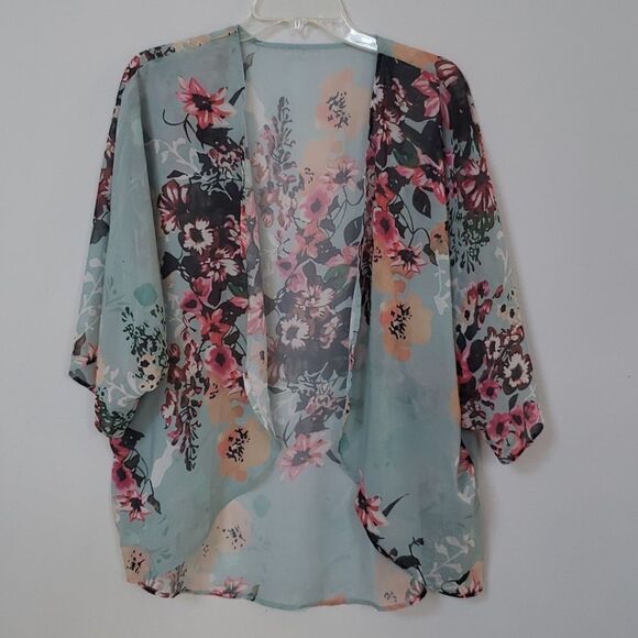Kimono Womens Med Sheer Floral Cover Up Short Sleevev Oversize Ethereal Romantic - Picture 1 of 6